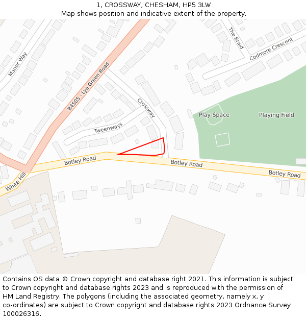 1, CROSSWAY, CHESHAM, HP5 3LW: Location map and indicative extent of plot