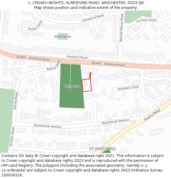 1, CROWN HEIGHTS, ALRESFORD ROAD, WINCHESTER, SO23 0JX: Location map and indicative extent of plot