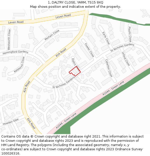 1, DALTRY CLOSE, YARM, TS15 9XQ: Location map and indicative extent of plot