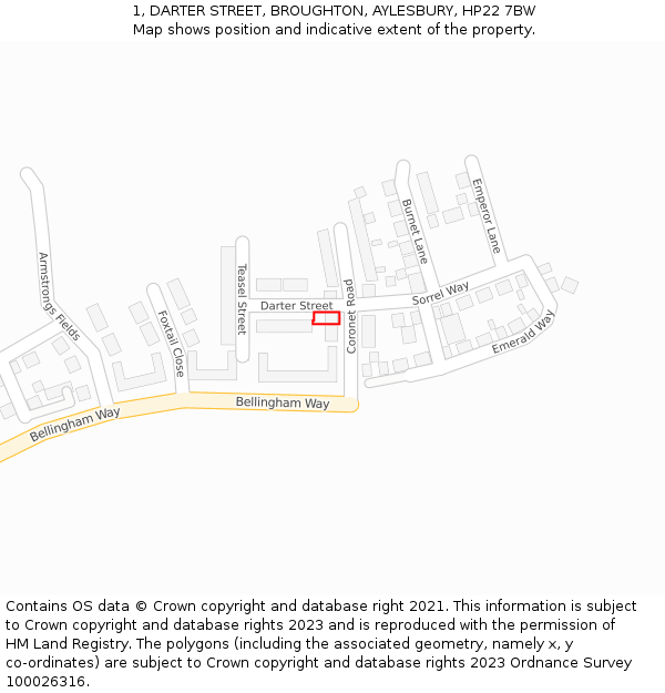 1, DARTER STREET, BROUGHTON, AYLESBURY, HP22 7BW: Location map and indicative extent of plot