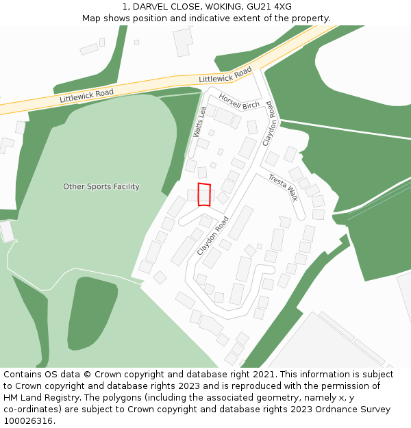 1, DARVEL CLOSE, WOKING, GU21 4XG: Location map and indicative extent of plot