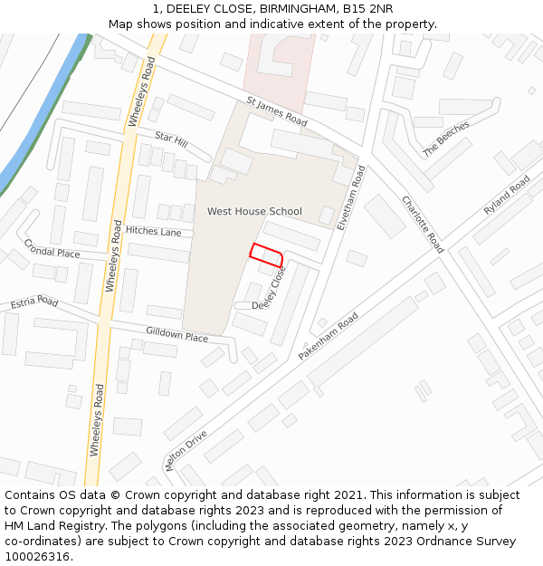 1, DEELEY CLOSE, BIRMINGHAM, B15 2NR: Location map and indicative extent of plot
