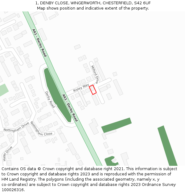 1, DENBY CLOSE, WINGERWORTH, CHESTERFIELD, S42 6UF: Location map and indicative extent of plot