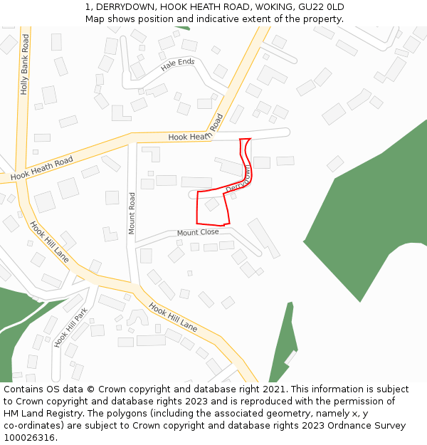 1, DERRYDOWN, HOOK HEATH ROAD, WOKING, GU22 0LD: Location map and indicative extent of plot