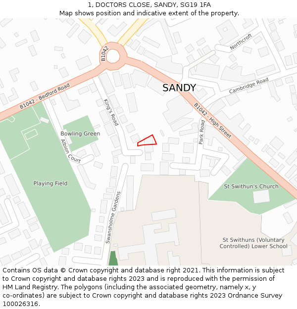 1, DOCTORS CLOSE, SANDY, SG19 1FA: Location map and indicative extent of plot