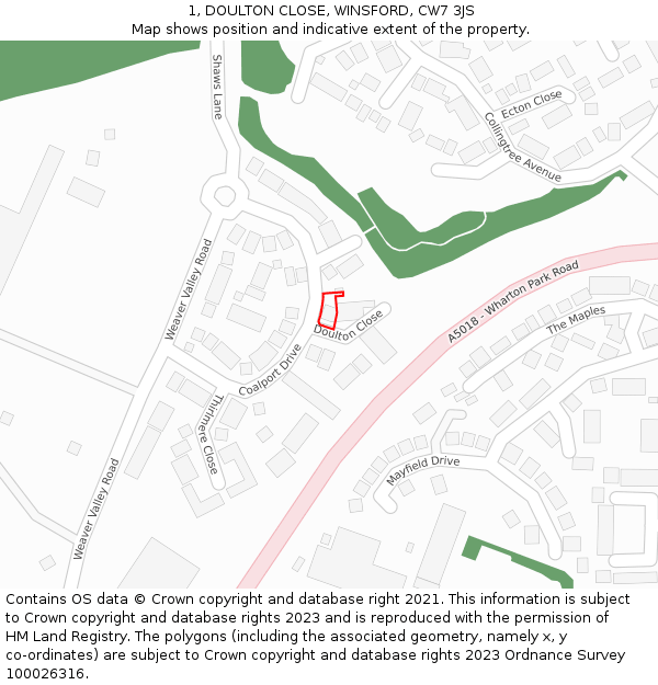 1, DOULTON CLOSE, WINSFORD, CW7 3JS: Location map and indicative extent of plot