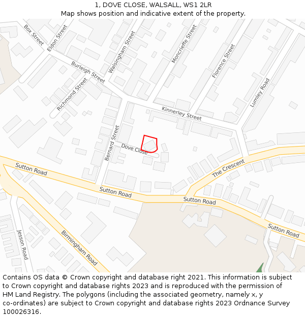 1, DOVE CLOSE, WALSALL, WS1 2LR: Location map and indicative extent of plot