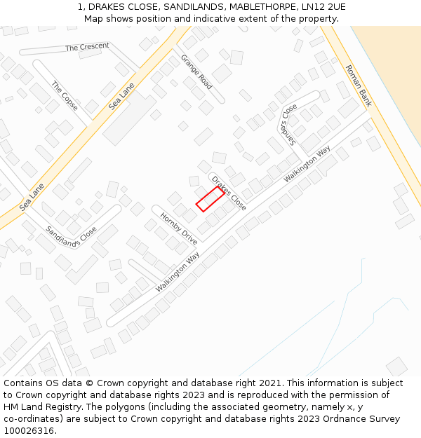 1, DRAKES CLOSE, SANDILANDS, MABLETHORPE, LN12 2UE: Location map and indicative extent of plot