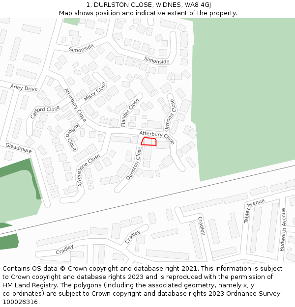 1, DURLSTON CLOSE, WIDNES, WA8 4GJ: Location map and indicative extent of plot