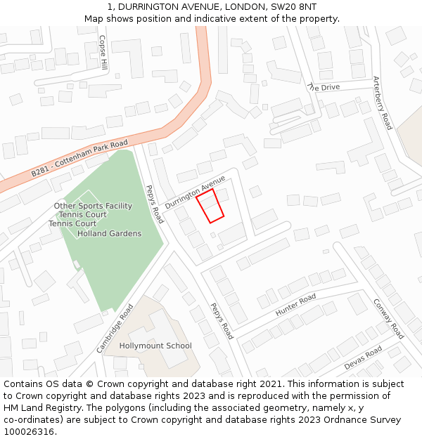 1, DURRINGTON AVENUE, LONDON, SW20 8NT: Location map and indicative extent of plot