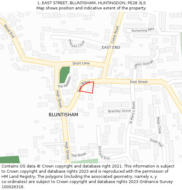 1, EAST STREET, BLUNTISHAM, HUNTINGDON, PE28 3LS: Location map and indicative extent of plot