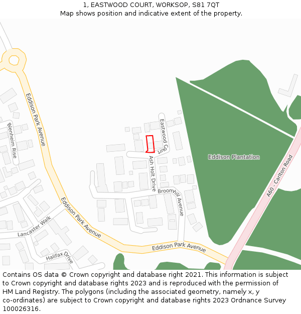 1, EASTWOOD COURT, WORKSOP, S81 7QT: Location map and indicative extent of plot