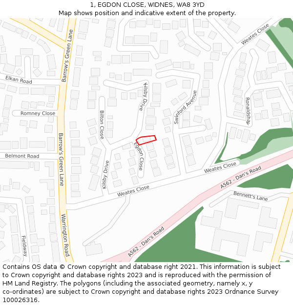 1, EGDON CLOSE, WIDNES, WA8 3YD: Location map and indicative extent of plot