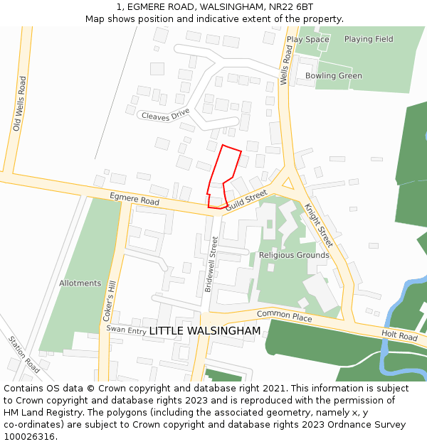 1, EGMERE ROAD, WALSINGHAM, NR22 6BT: Location map and indicative extent of plot