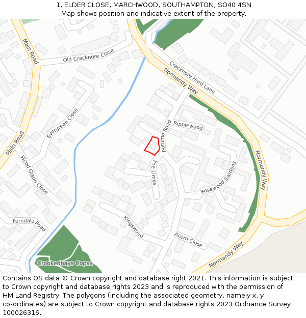 1, ELDER CLOSE, MARCHWOOD, SOUTHAMPTON, SO40 4SN: Location map and indicative extent of plot