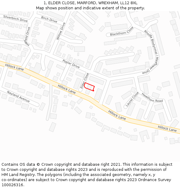 1, ELDER CLOSE, MARFORD, WREXHAM, LL12 8XL: Location map and indicative extent of plot