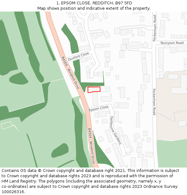 1, EPSOM CLOSE, REDDITCH, B97 5FD: Location map and indicative extent of plot
