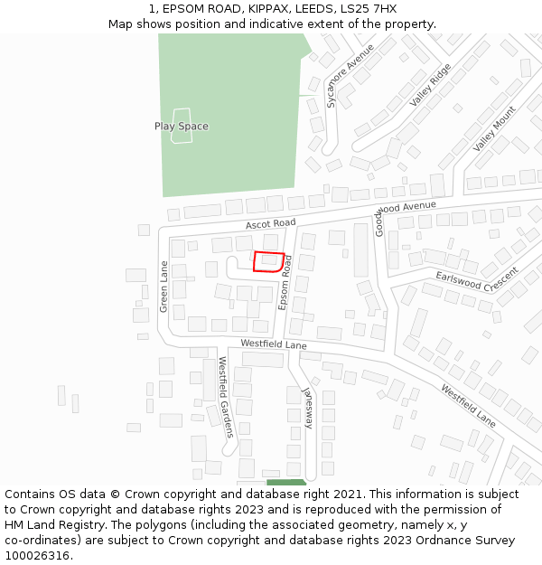 1, EPSOM ROAD, KIPPAX, LEEDS, LS25 7HX: Location map and indicative extent of plot