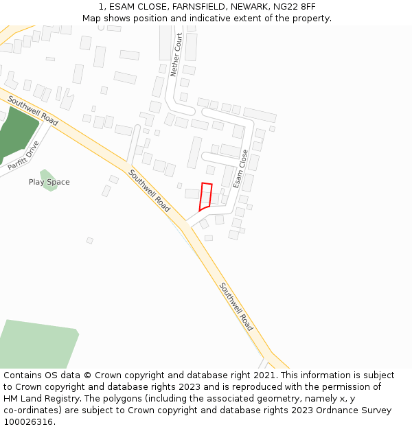 1, ESAM CLOSE, FARNSFIELD, NEWARK, NG22 8FF: Location map and indicative extent of plot