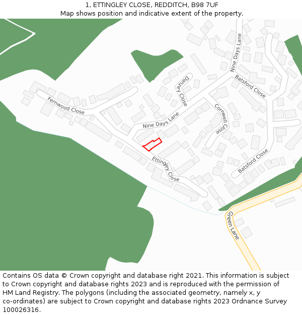 1, ETTINGLEY CLOSE, REDDITCH, B98 7UF: Location map and indicative extent of plot