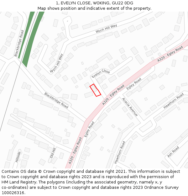 1, EVELYN CLOSE, WOKING, GU22 0DG: Location map and indicative extent of plot