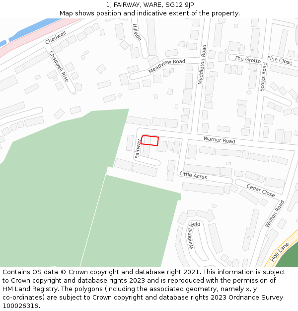 1, FAIRWAY, WARE, SG12 9JP: Location map and indicative extent of plot