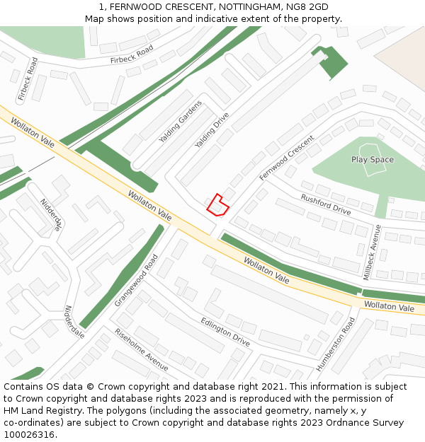 1, FERNWOOD CRESCENT, NOTTINGHAM, NG8 2GD: Location map and indicative extent of plot