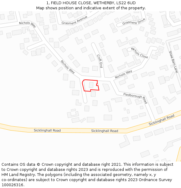 1, FIELD HOUSE CLOSE, WETHERBY, LS22 6UD: Location map and indicative extent of plot