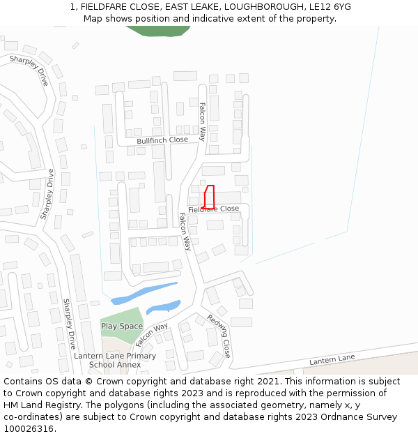 1, FIELDFARE CLOSE, EAST LEAKE, LOUGHBOROUGH, LE12 6YG: Location map and indicative extent of plot