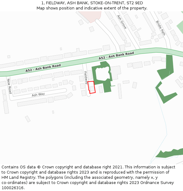 1, FIELDWAY, ASH BANK, STOKE-ON-TRENT, ST2 9ED: Location map and indicative extent of plot