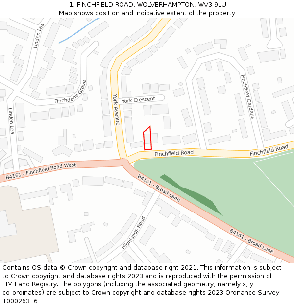 1, FINCHFIELD ROAD, WOLVERHAMPTON, WV3 9LU: Location map and indicative extent of plot
