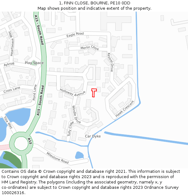 1, FINN CLOSE, BOURNE, PE10 0DD: Location map and indicative extent of plot
