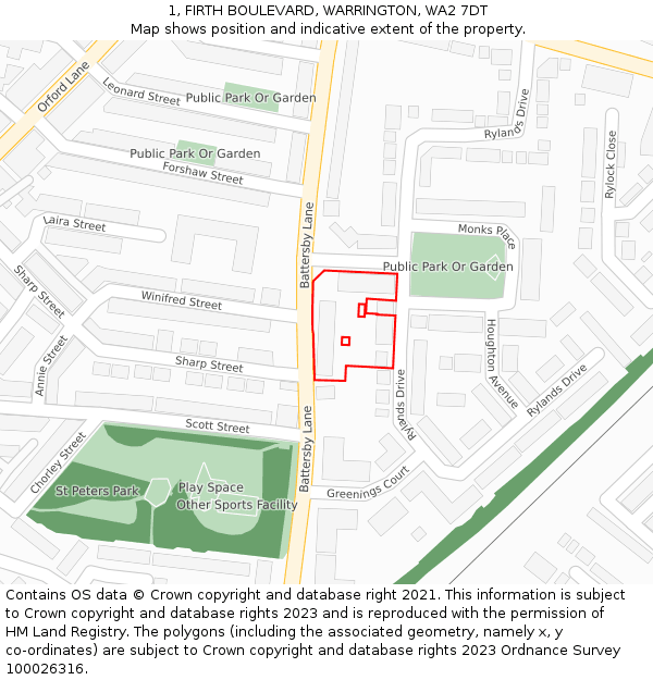 1, FIRTH BOULEVARD, WARRINGTON, WA2 7DT: Location map and indicative extent of plot