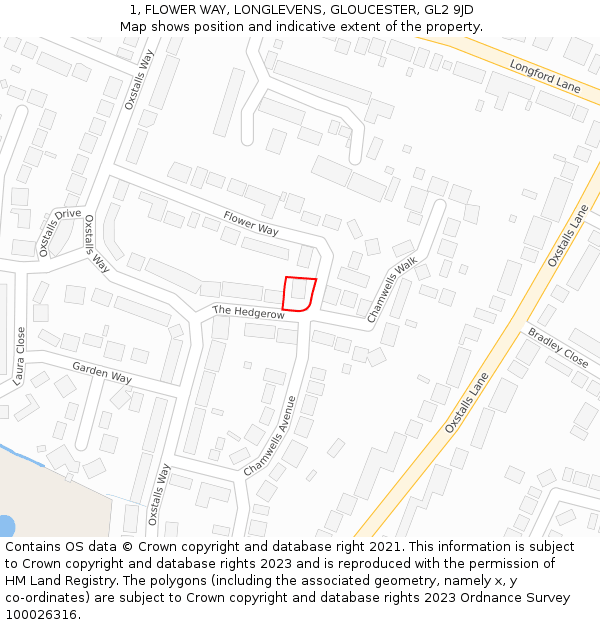 1, FLOWER WAY, LONGLEVENS, GLOUCESTER, GL2 9JD: Location map and indicative extent of plot