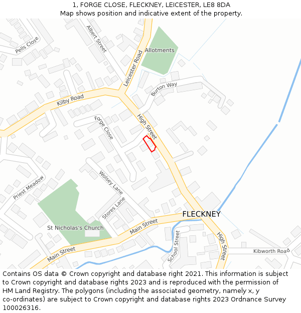 1, FORGE CLOSE, FLECKNEY, LEICESTER, LE8 8DA: Location map and indicative extent of plot