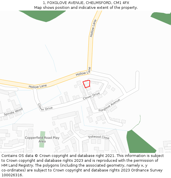 1, FOXGLOVE AVENUE, CHELMSFORD, CM1 4FX: Location map and indicative extent of plot