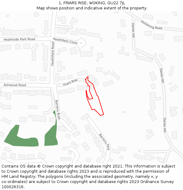 1, FRIARS RISE, WOKING, GU22 7JL: Location map and indicative extent of plot