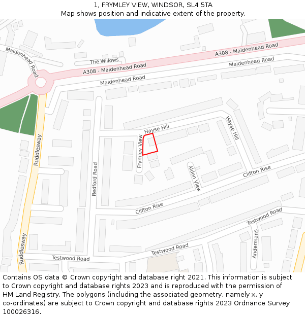 1, FRYMLEY VIEW, WINDSOR, SL4 5TA: Location map and indicative extent of plot