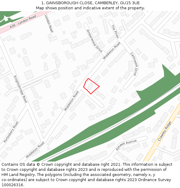 1, GAINSBOROUGH CLOSE, CAMBERLEY, GU15 3UE: Location map and indicative extent of plot