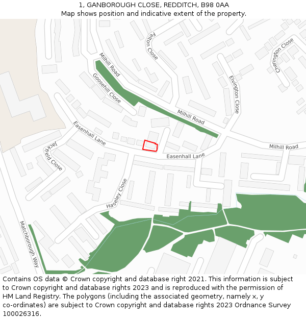 1, GANBOROUGH CLOSE, REDDITCH, B98 0AA: Location map and indicative extent of plot