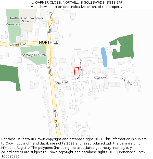 1, GARNER CLOSE, NORTHILL, BIGGLESWADE, SG18 9AF: Location map and indicative extent of plot
