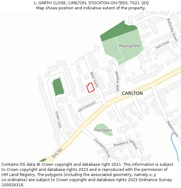 1, GARTH CLOSE, CARLTON, STOCKTON-ON-TEES, TS21 1EQ: Location map and indicative extent of plot