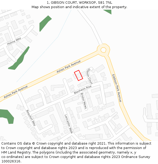 1, GIBSON COURT, WORKSOP, S81 7NL: Location map and indicative extent of plot