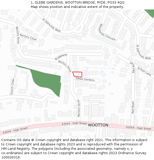 1, GLEBE GARDENS, WOOTTON BRIDGE, RYDE, PO33 4QG: Location map and indicative extent of plot