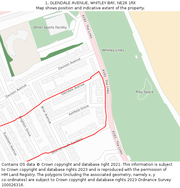 1, GLENDALE AVENUE, WHITLEY BAY, NE26 1RX: Location map and indicative extent of plot