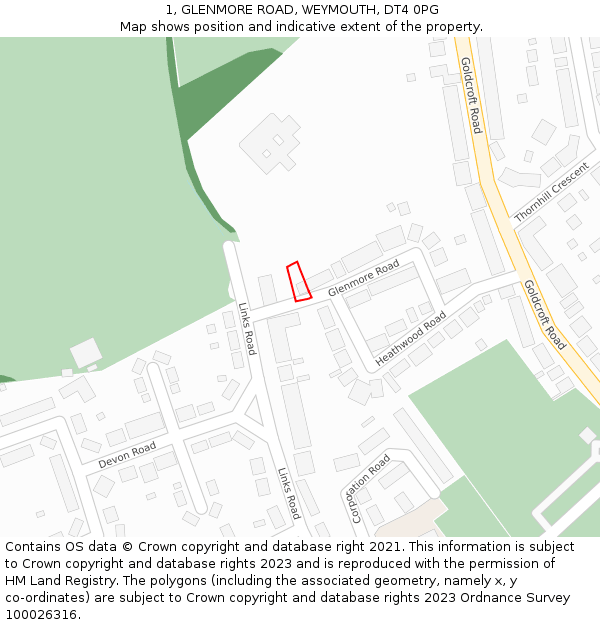 1, GLENMORE ROAD, WEYMOUTH, DT4 0PG: Location map and indicative extent of plot