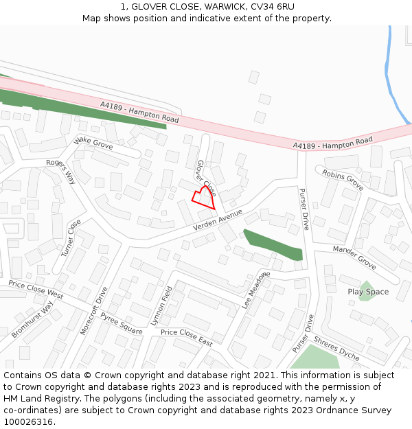 1, GLOVER CLOSE, WARWICK, CV34 6RU: Location map and indicative extent of plot