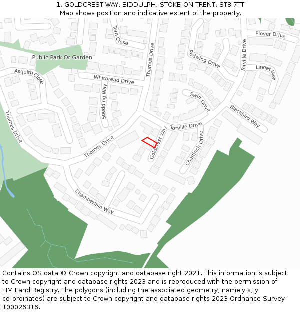 1, GOLDCREST WAY, BIDDULPH, STOKE-ON-TRENT, ST8 7TT: Location map and indicative extent of plot