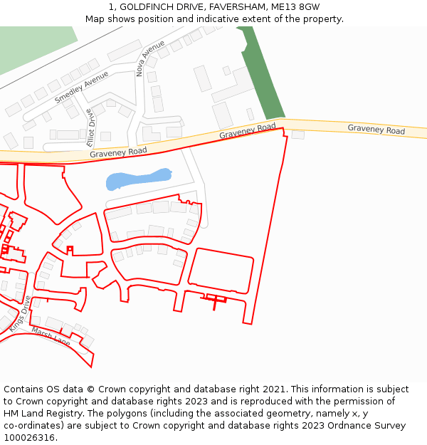 1, GOLDFINCH DRIVE, FAVERSHAM, ME13 8GW: Location map and indicative extent of plot