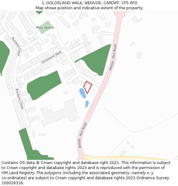 1, GOLDSLAND WALK, WENVOE, CARDIFF, CF5 6FD: Location map and indicative extent of plot